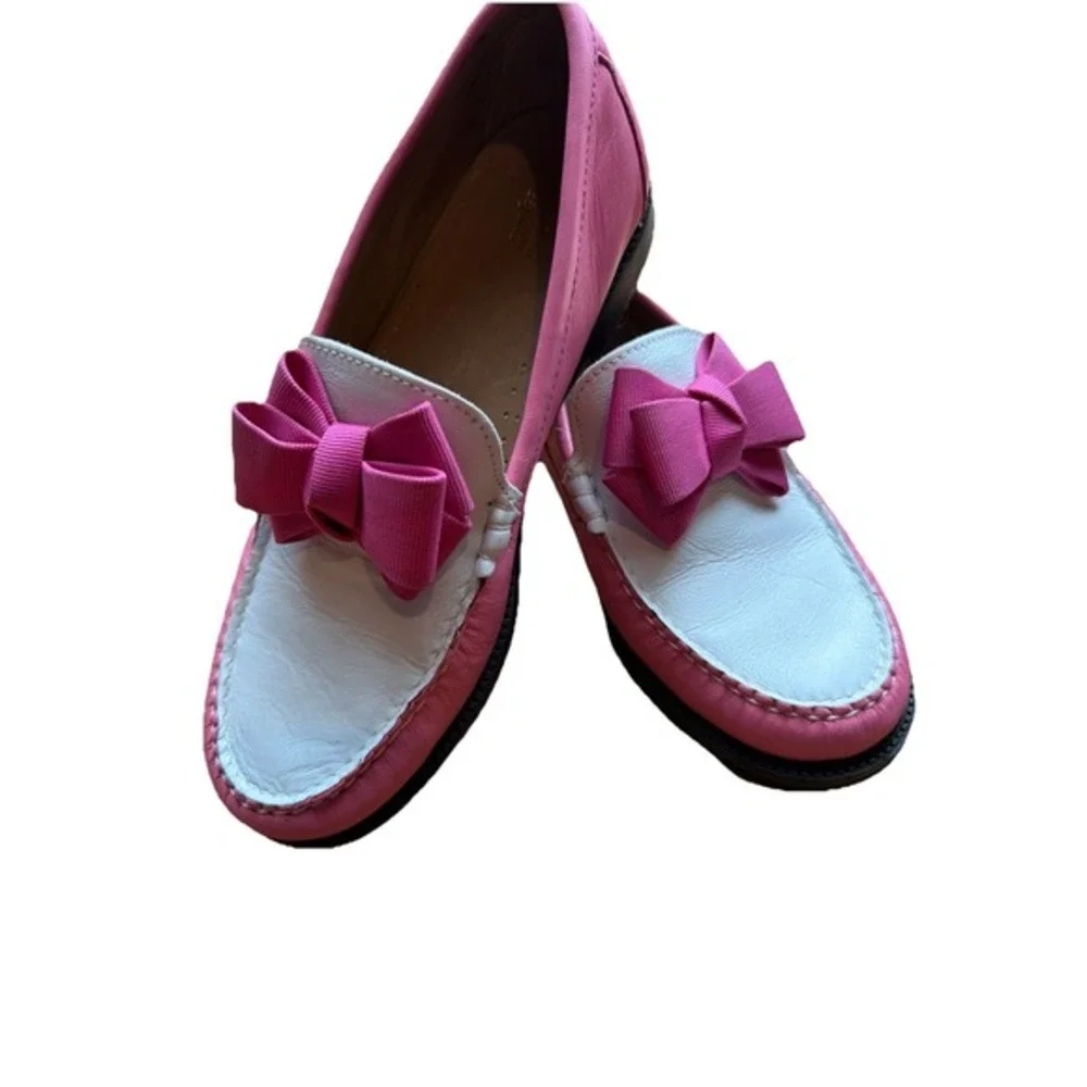 G.H.Bass Weejuns Kids 4‎ Pink & White Leather Loafers With Bow Accents 1723